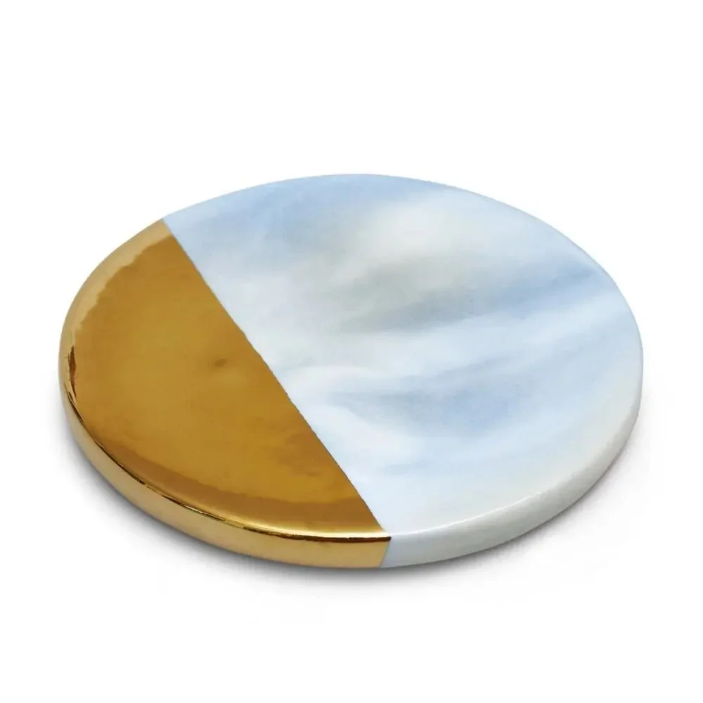 NWT Unbranded Marble Drink Coasters Set of 6 Blue Gold Modern Glam Home Decor